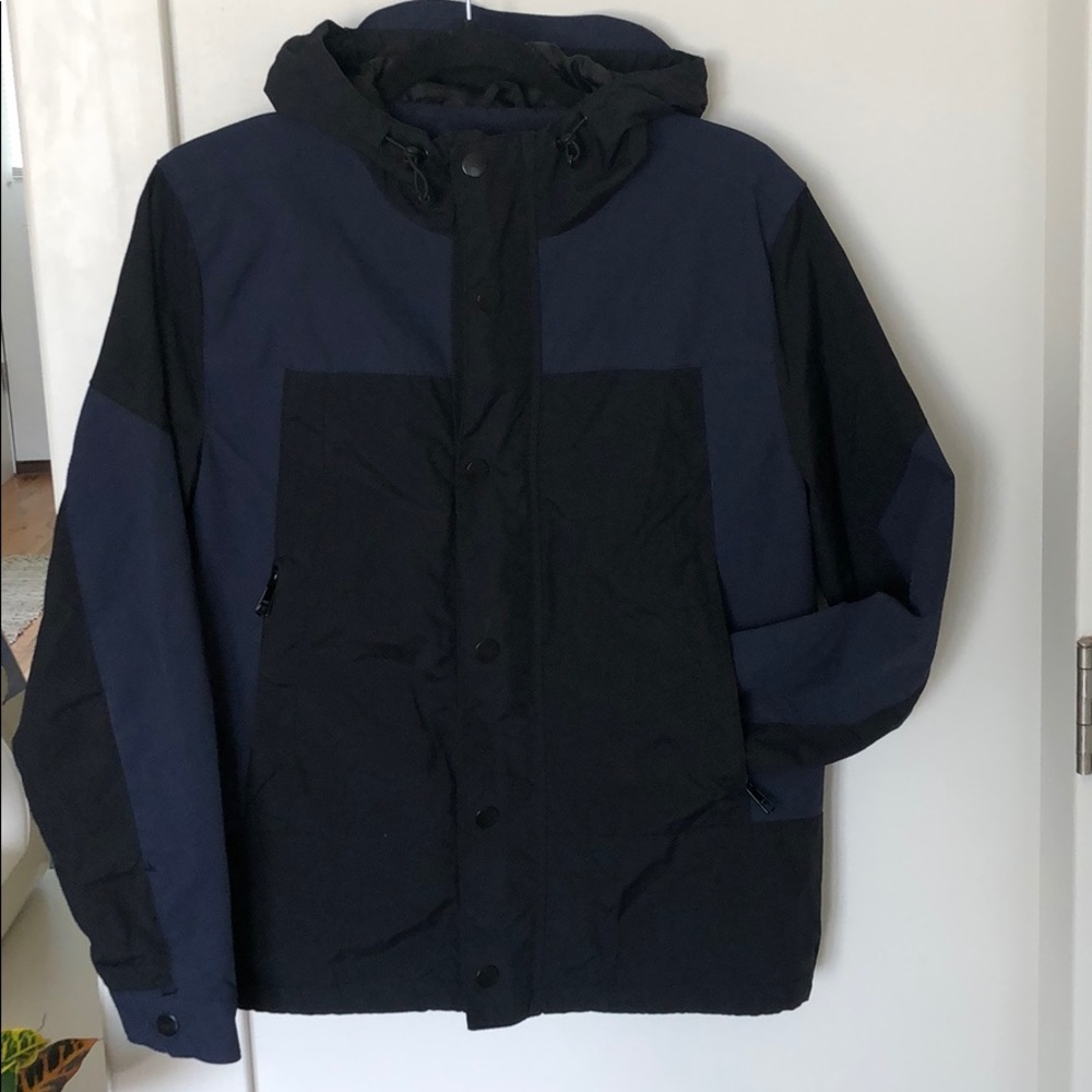 Men’s Gap Jacket Windbreaker Navy Black Zip Up Coat Hood Hooded Lined Cozy Warm